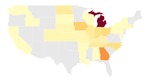 Choropleth map of infrastructure development moratoria by U.S. state